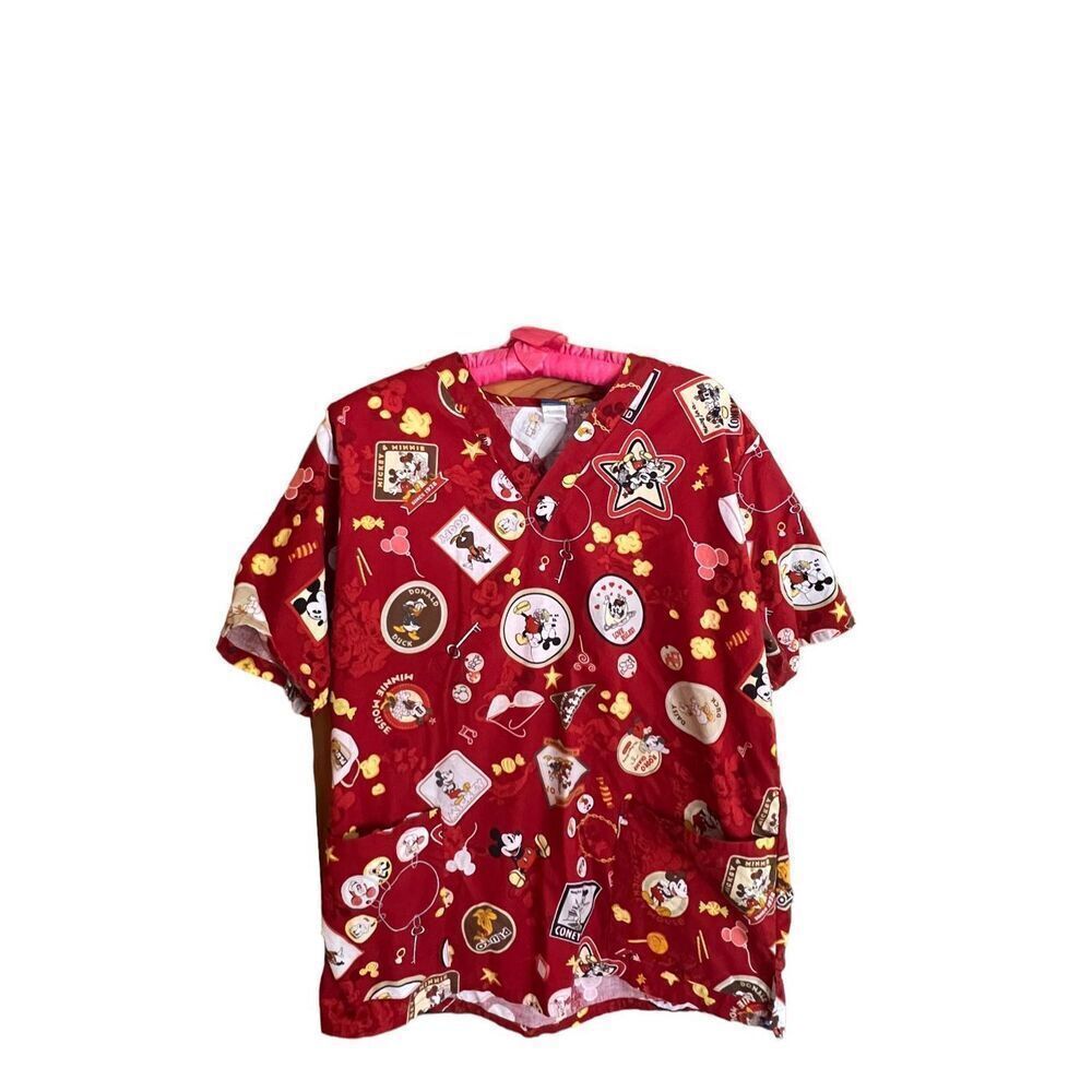 Disney Mickey & Minnie Mouse Scrub Top Medium V-Neck‎ Red Short Sleeve Graphic
